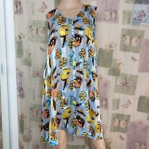 Blue silver striped fish print sleeveless sheer beach cover tunic